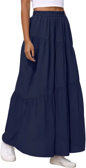 Womens Pleated A-Line Skirt Summer Elastic High Waisted Tiered Casual Long Skirts with Pockets