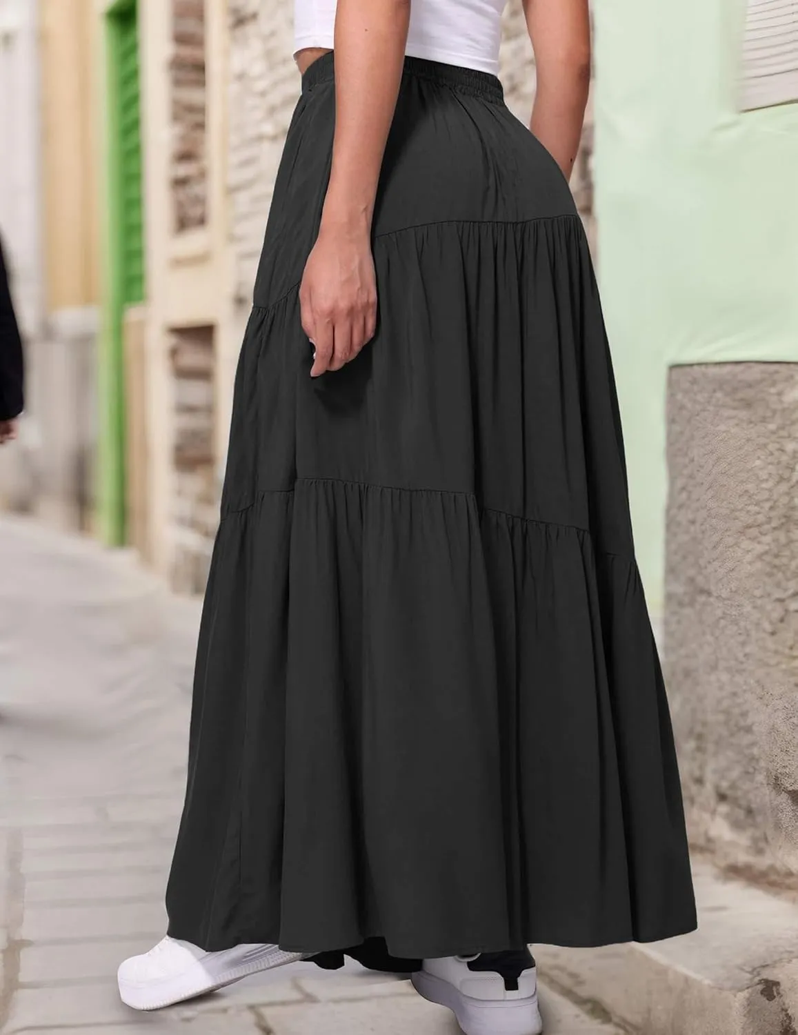 Womens Pleated A-Line Skirt Summer Elastic High Waisted Tiered Casual Long Skirts with Pockets
