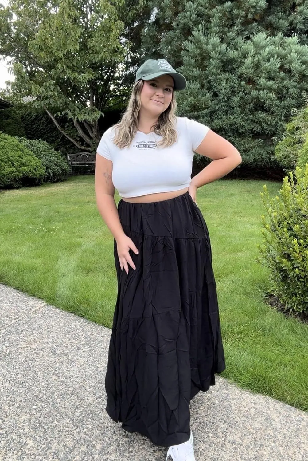Womens Pleated A-Line Skirt Summer Elastic High Waisted Tiered Casual Long Skirts with Pockets