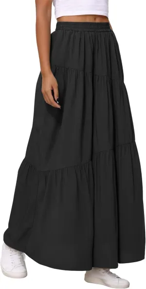 Womens Pleated A-Line Skirt Summer Elastic High Waisted Tiered Casual Long Skirts with Pockets