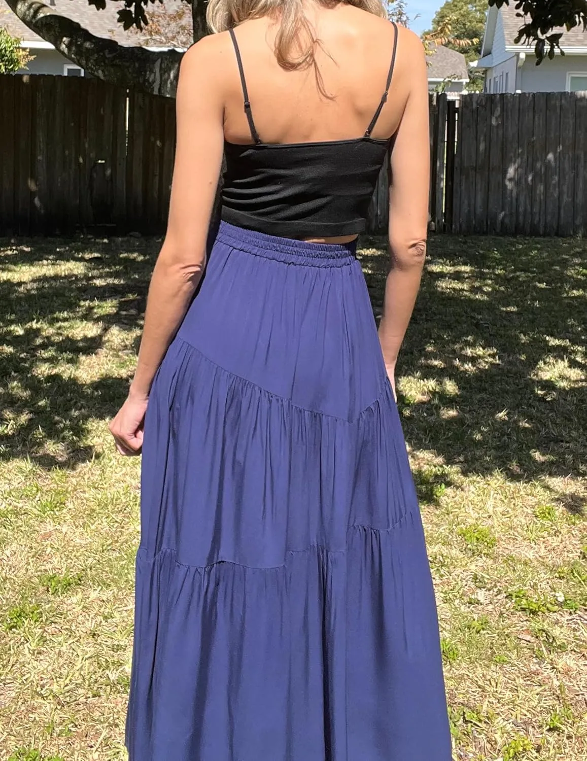 Womens Pleated A-Line Skirt Summer Elastic High Waisted Tiered Casual Long Skirts with Pockets
