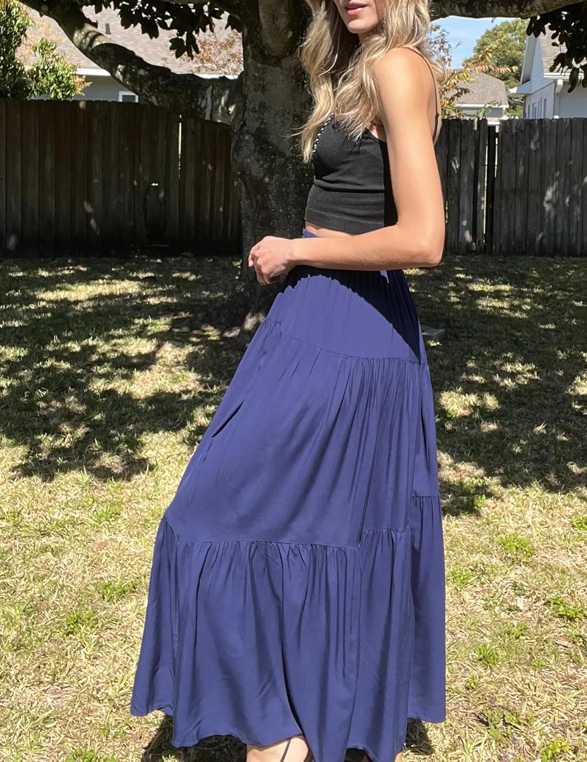 Womens Pleated A-Line Skirt Summer Elastic High Waisted Tiered Casual Long Skirts with Pockets