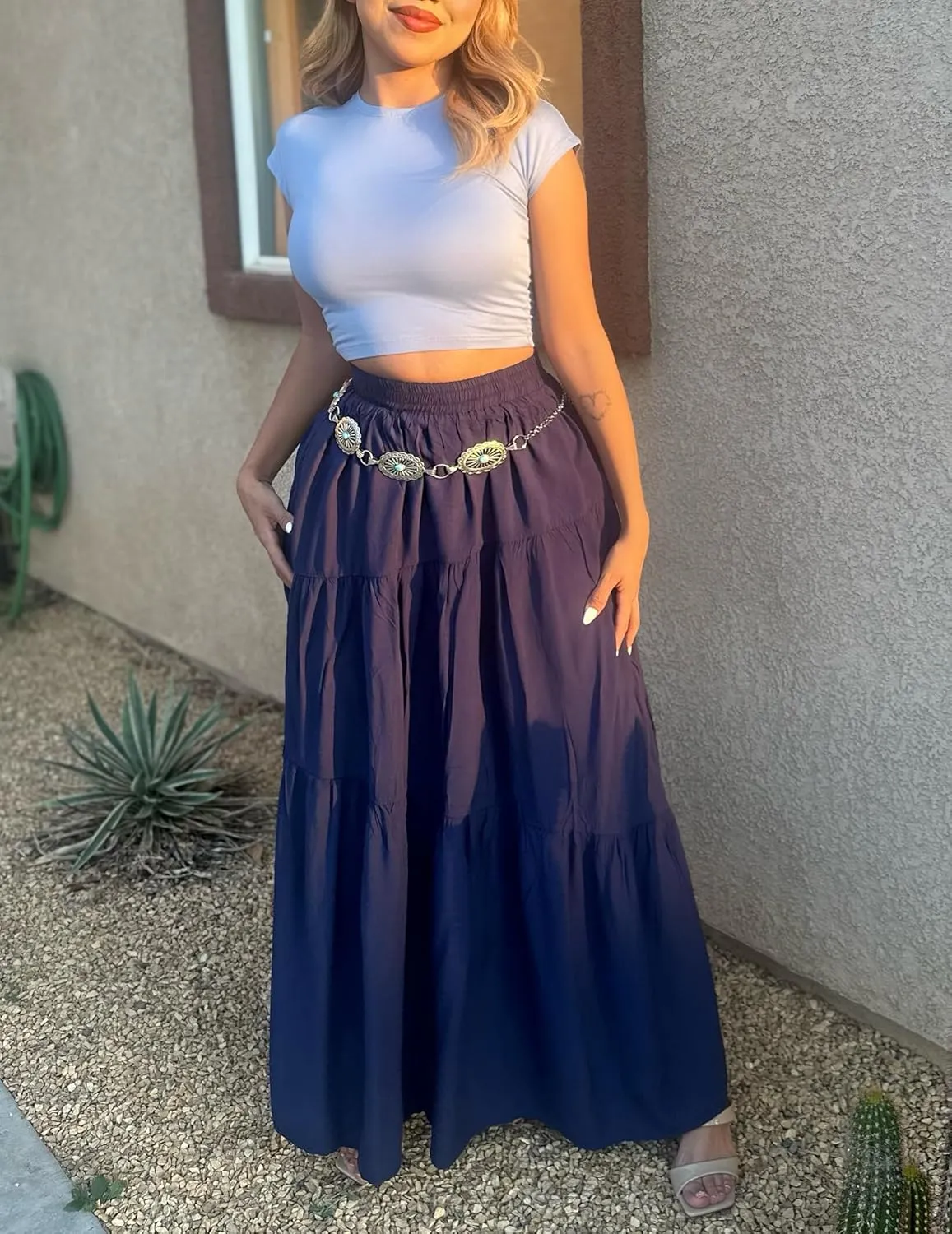 Womens Pleated A-Line Skirt Summer Elastic High Waisted Tiered Casual Long Skirts with Pockets