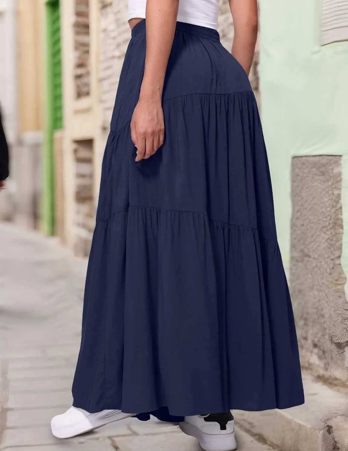 Womens Pleated A-Line Skirt Summer Elastic High Waisted Tiered Casual Long Skirts with Pockets