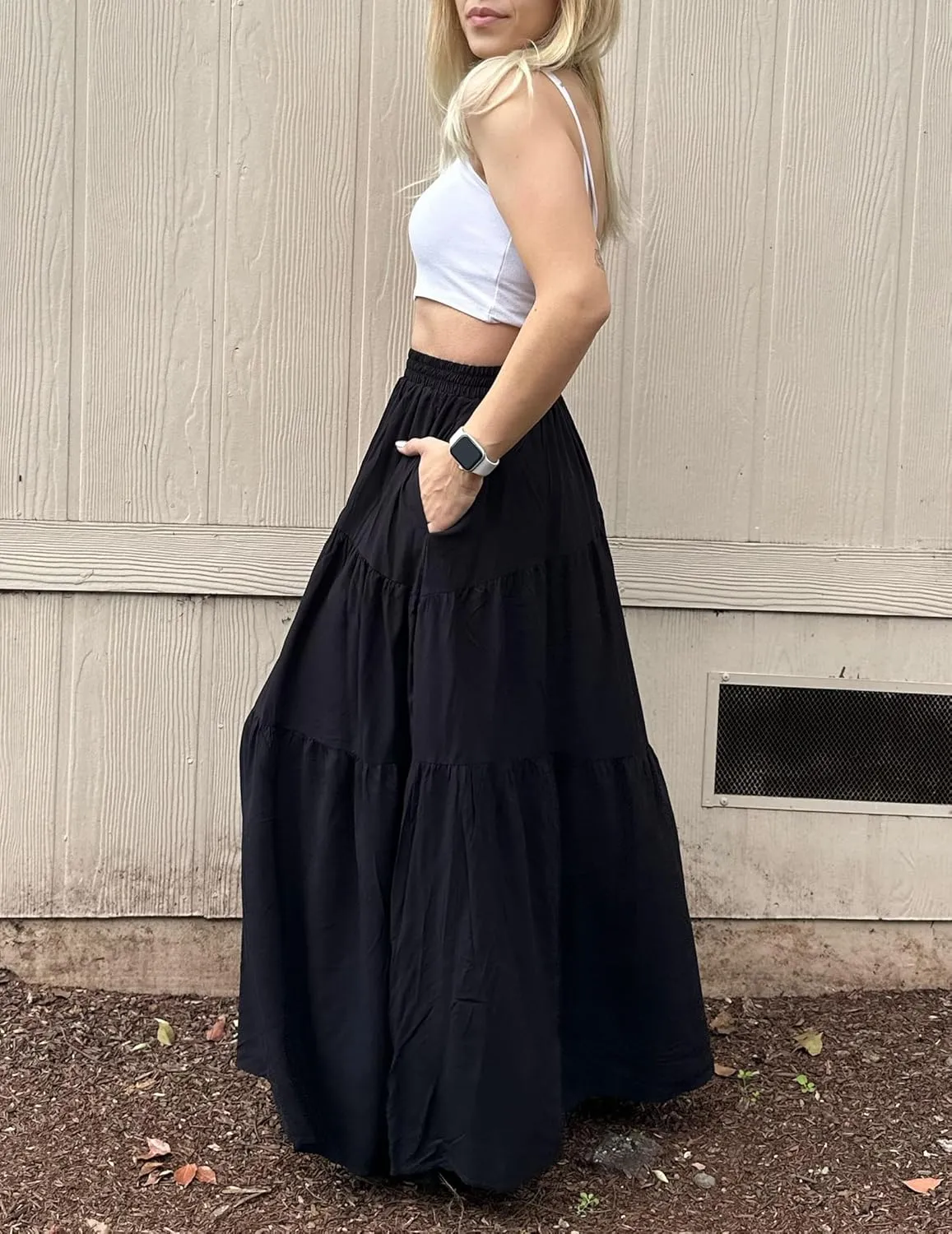 Womens Pleated A-Line Skirt Summer Elastic High Waisted Tiered Casual Long Skirts with Pockets