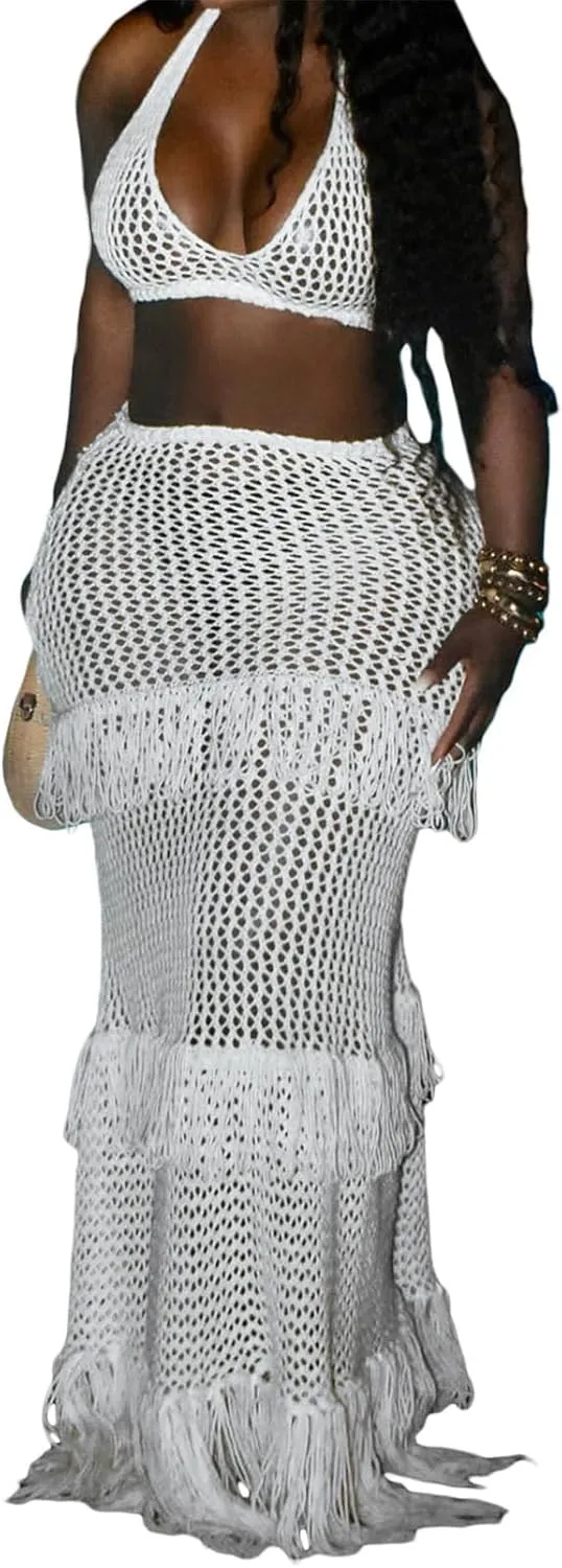 Womens Sexy 2 Pieces Knitted Tank Tops Bodycon Skirts Party Clubwear Dress Outfits Beach Cover Up Set