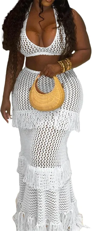 Womens Sexy 2 Pieces Knitted Tank Tops Bodycon Skirts Party Clubwear Dress Outfits Beach Cover Up Set