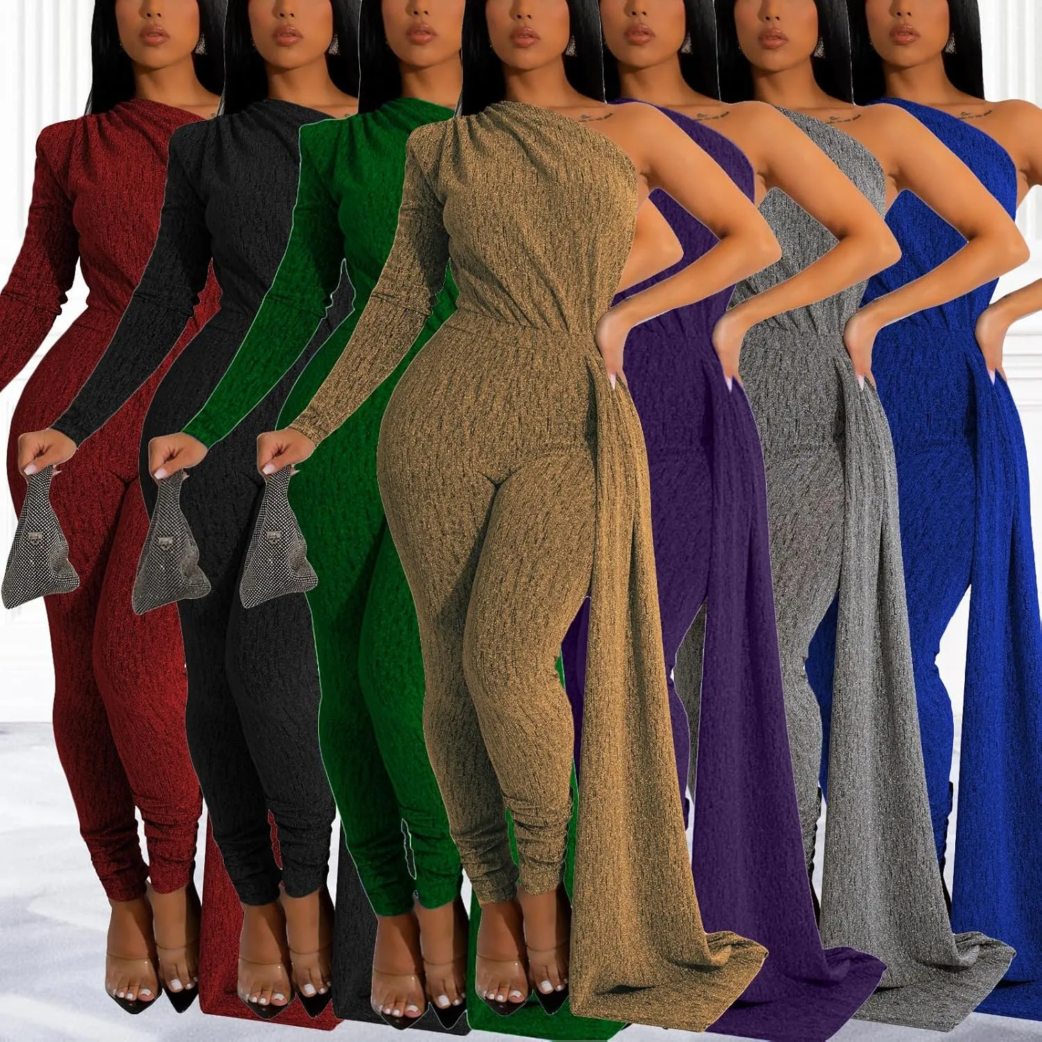 Women's Sexy Sparkly One Shoulder Long Sleeve Bodycon Jumpsuits Stretchy Long Pants Clubwear Party Rompers With Belt Rope