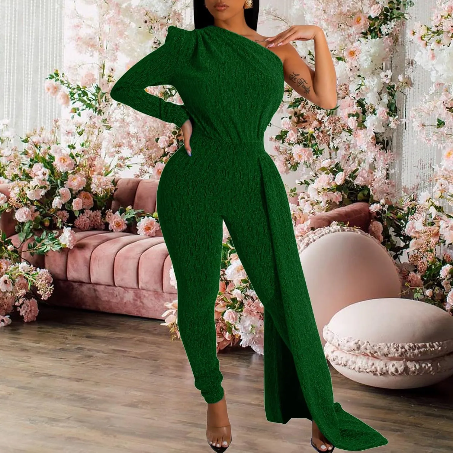 Women's Sexy Sparkly One Shoulder Long Sleeve Bodycon Jumpsuits Stretchy Long Pants Clubwear Party Rompers With Belt Rope