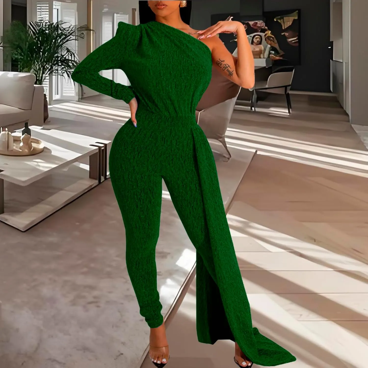 Women's Sexy Sparkly One Shoulder Long Sleeve Bodycon Jumpsuits Stretchy Long Pants Clubwear Party Rompers With Belt Rope