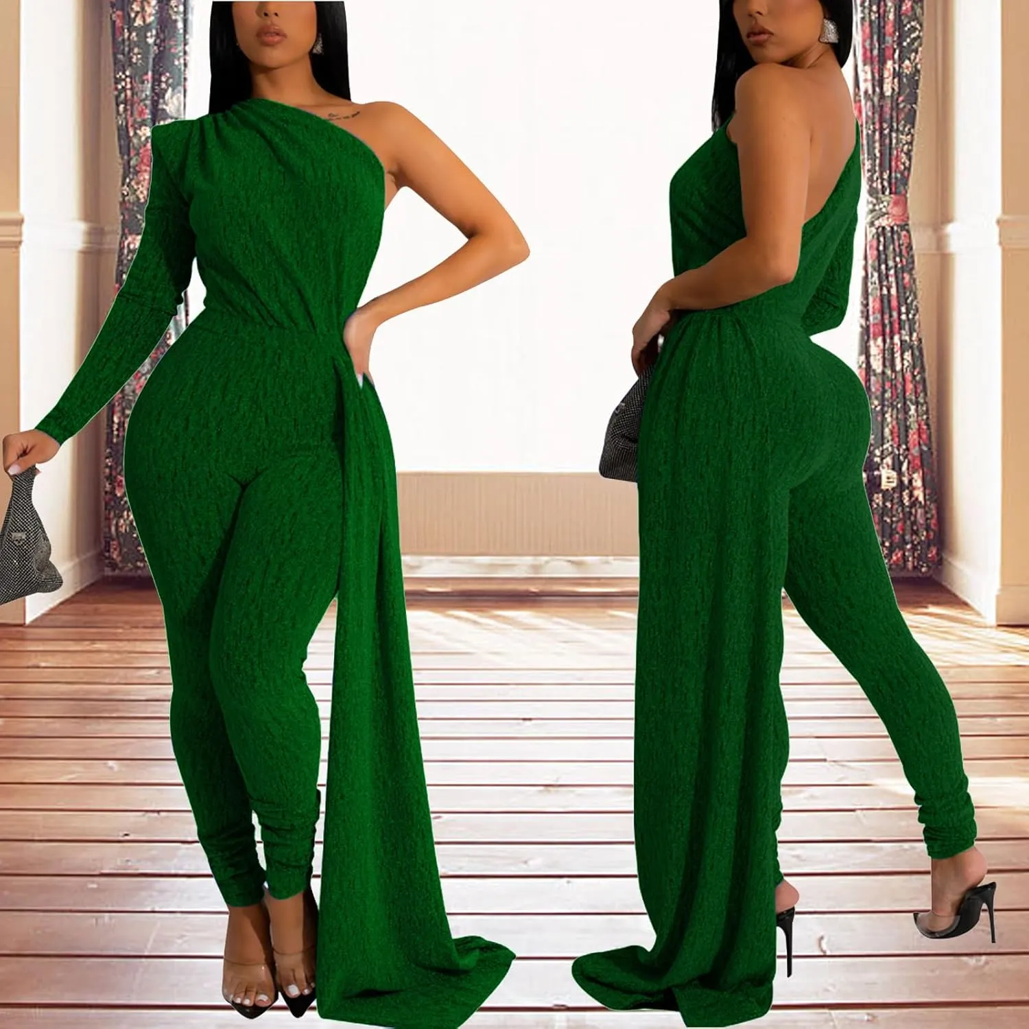 Women's Sexy Sparkly One Shoulder Long Sleeve Bodycon Jumpsuits Stretchy Long Pants Clubwear Party Rompers With Belt Rope
