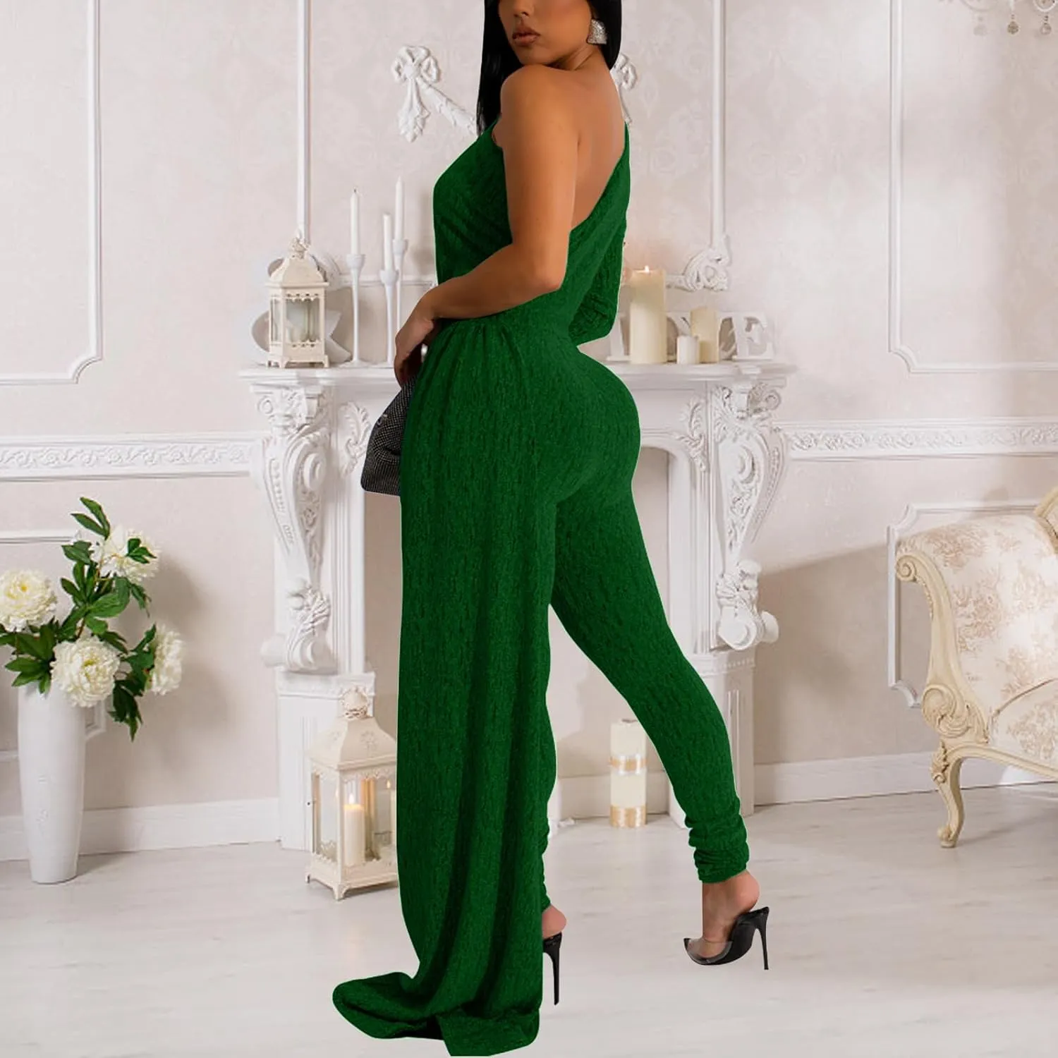 Women's Sexy Sparkly One Shoulder Long Sleeve Bodycon Jumpsuits Stretchy Long Pants Clubwear Party Rompers With Belt Rope