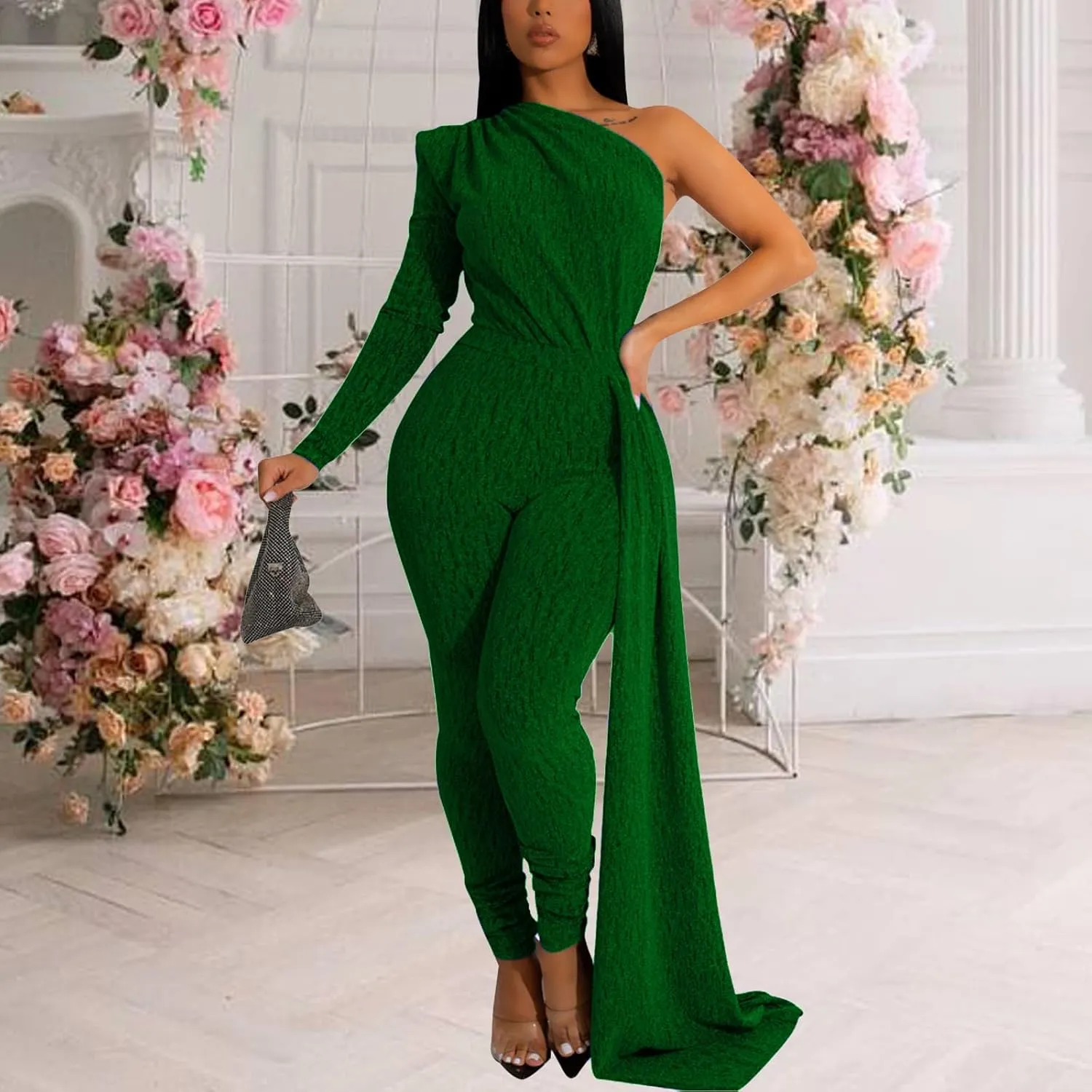 Women's Sexy Sparkly One Shoulder Long Sleeve Bodycon Jumpsuits Stretchy Long Pants Clubwear Party Rompers With Belt Rope