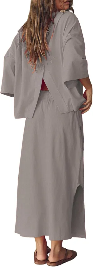 Womens Skirt Set Long Sleeve Crew Neck Casual Oversized Shirt Mid Length Skirt with Pockets Matching Set