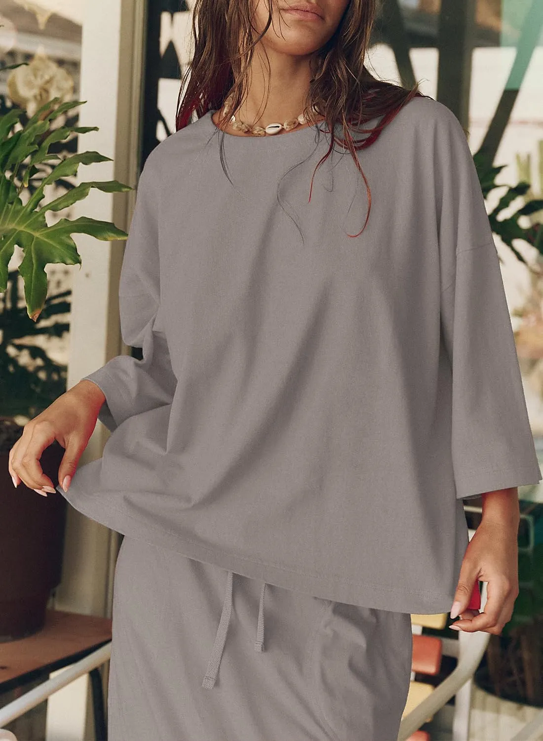 Womens Skirt Set Long Sleeve Crew Neck Casual Oversized Shirt Mid Length Skirt with Pockets Matching Set