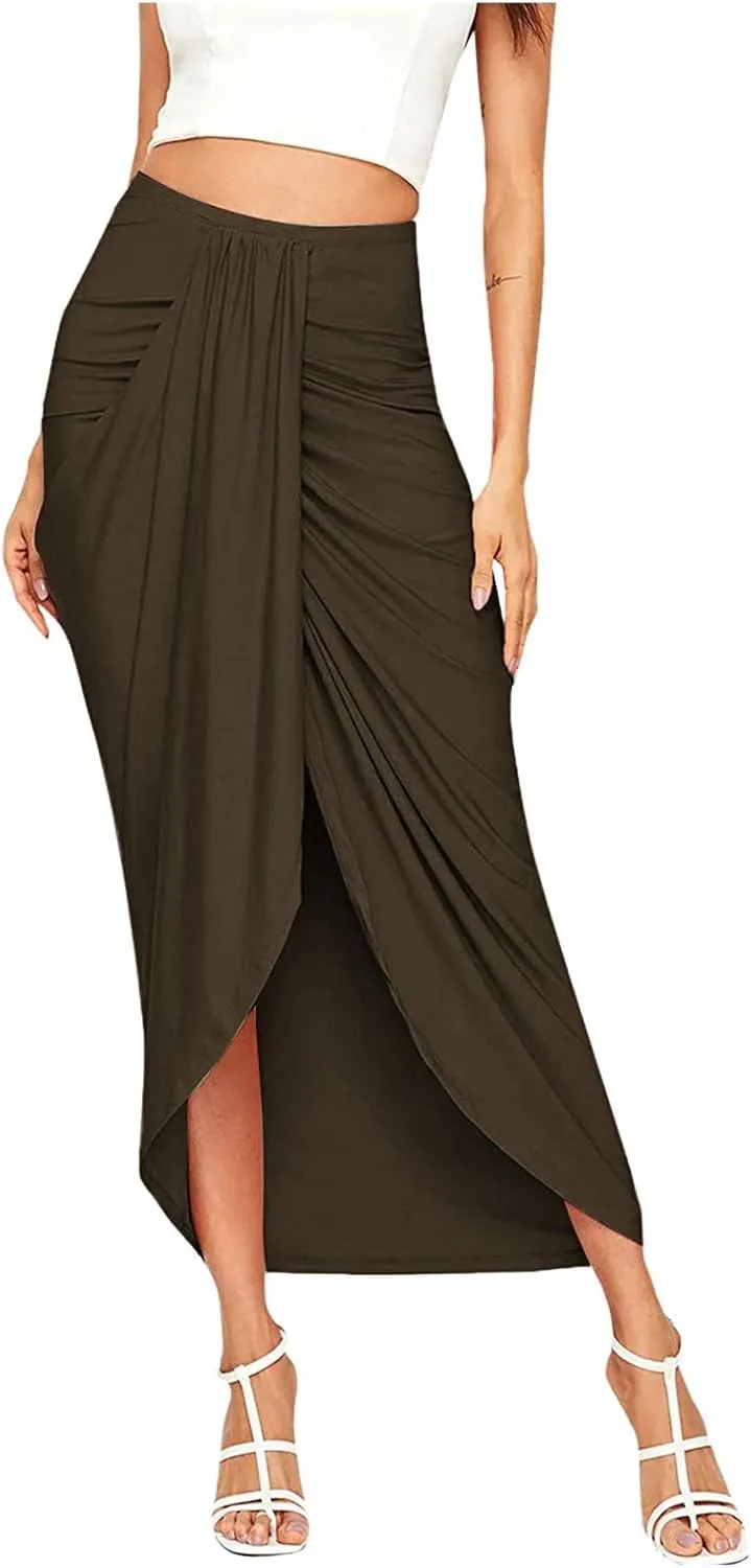 Women's Slit Ruched High Waisted Bodycon Maxi Skirt Summer Solid Draped Asymmetrical Hem Wrap Long Skirts Beach Clubwear 2024