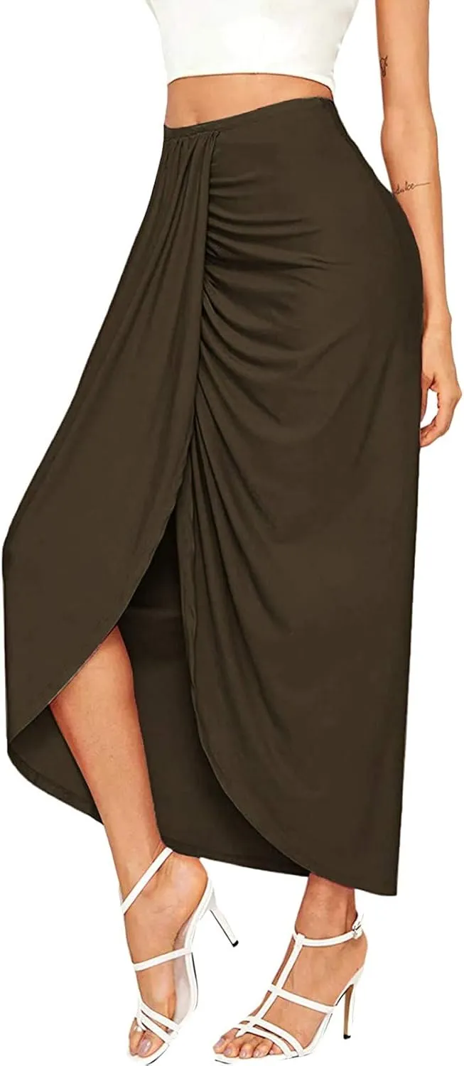 Women's Slit Ruched High Waisted Bodycon Maxi Skirt Summer Solid Draped Asymmetrical Hem Wrap Long Skirts Beach Clubwear 2024