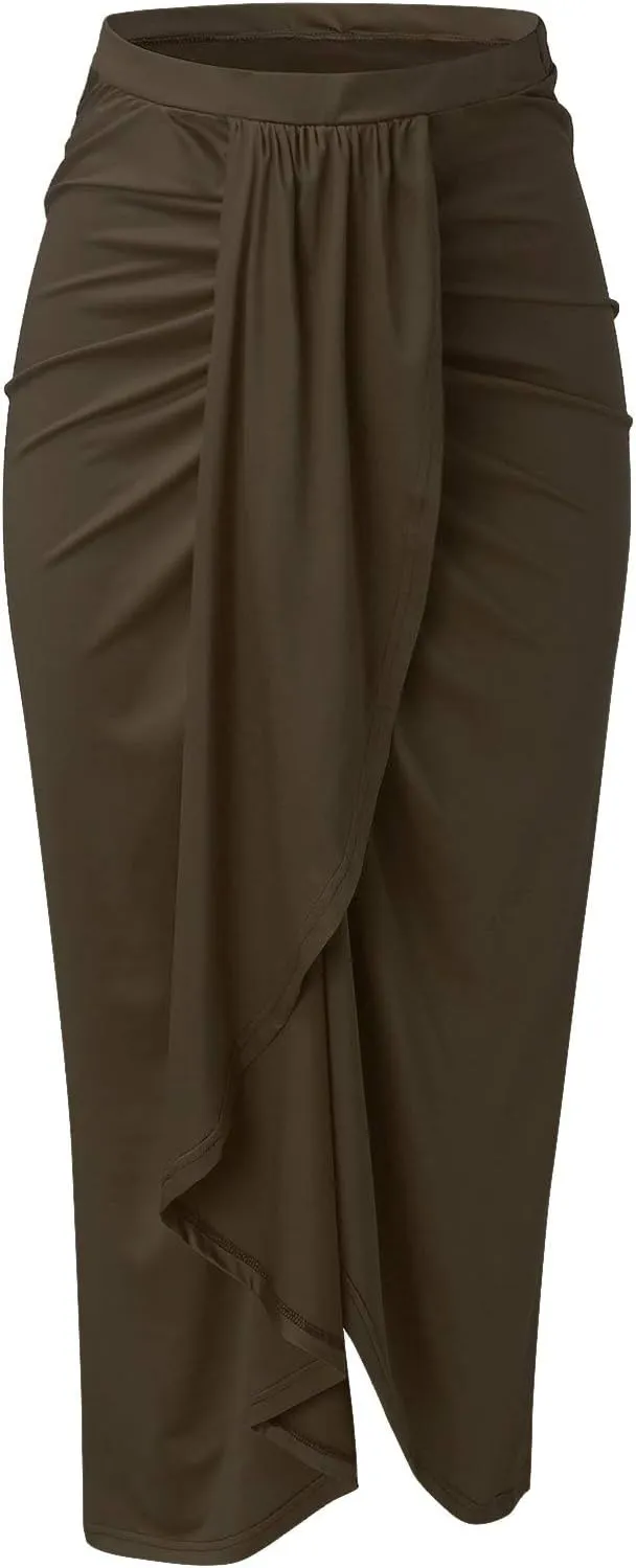 Women's Slit Ruched High Waisted Bodycon Maxi Skirt Summer Solid Draped Asymmetrical Hem Wrap Long Skirts Beach Clubwear 2024