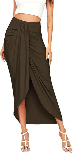 Women's Slit Ruched High Waisted Bodycon Maxi Skirt Summer Solid Draped Asymmetrical Hem Wrap Long Skirts Beach Clubwear 2024