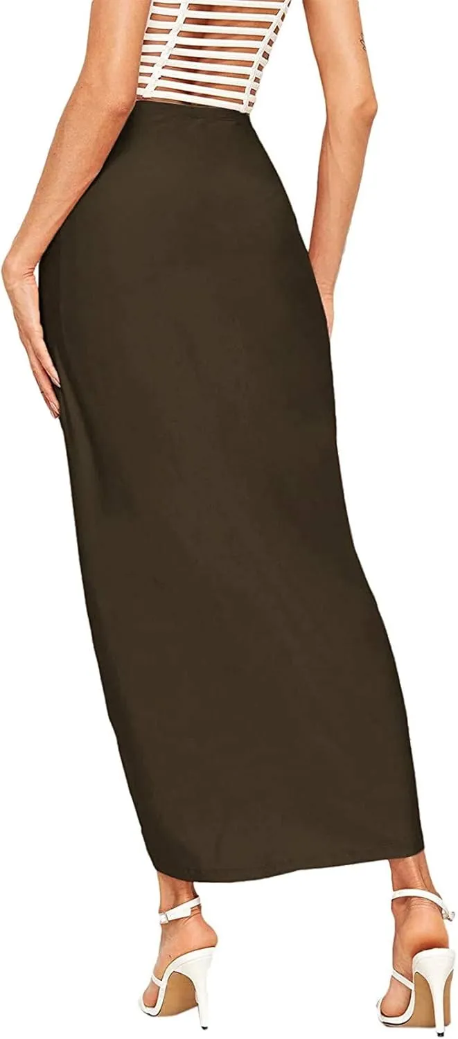 Women's Slit Ruched High Waisted Bodycon Maxi Skirt Summer Solid Draped Asymmetrical Hem Wrap Long Skirts Beach Clubwear 2024