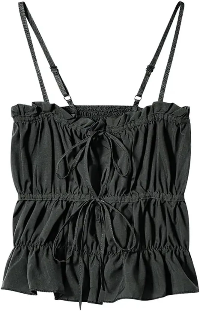 Women's Spicy Girl solid Desire Style Ruffled Bow Sleeveless Camisole Sexy Off-Shoulder Backless Short Slimming Sling Tops