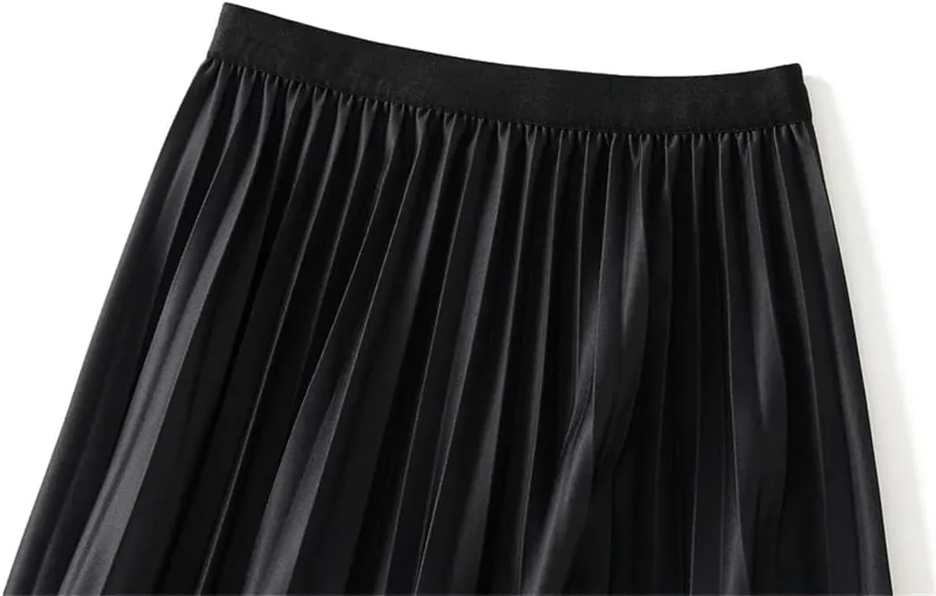 Women's Spring Gradient Color Elastic High Waist Pleated A-Line Midi Skirt