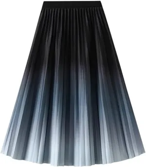 Women's Spring Gradient Color Elastic High Waist Pleated A-Line Midi Skirt