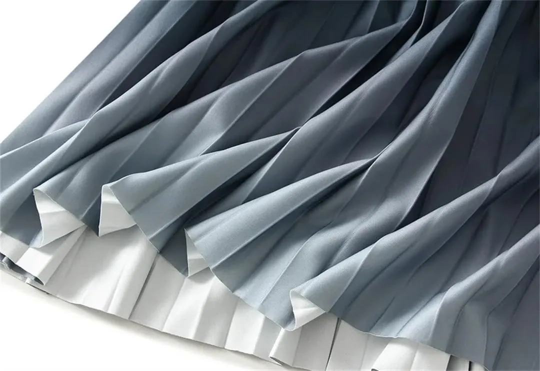 Women's Spring Gradient Color Elastic High Waist Pleated A-Line Midi Skirt