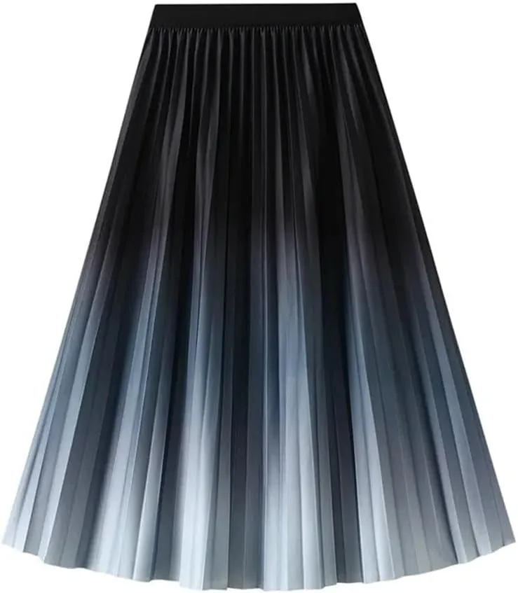 Women's Spring Gradient Color Elastic High Waist Pleated A-Line Midi Skirt