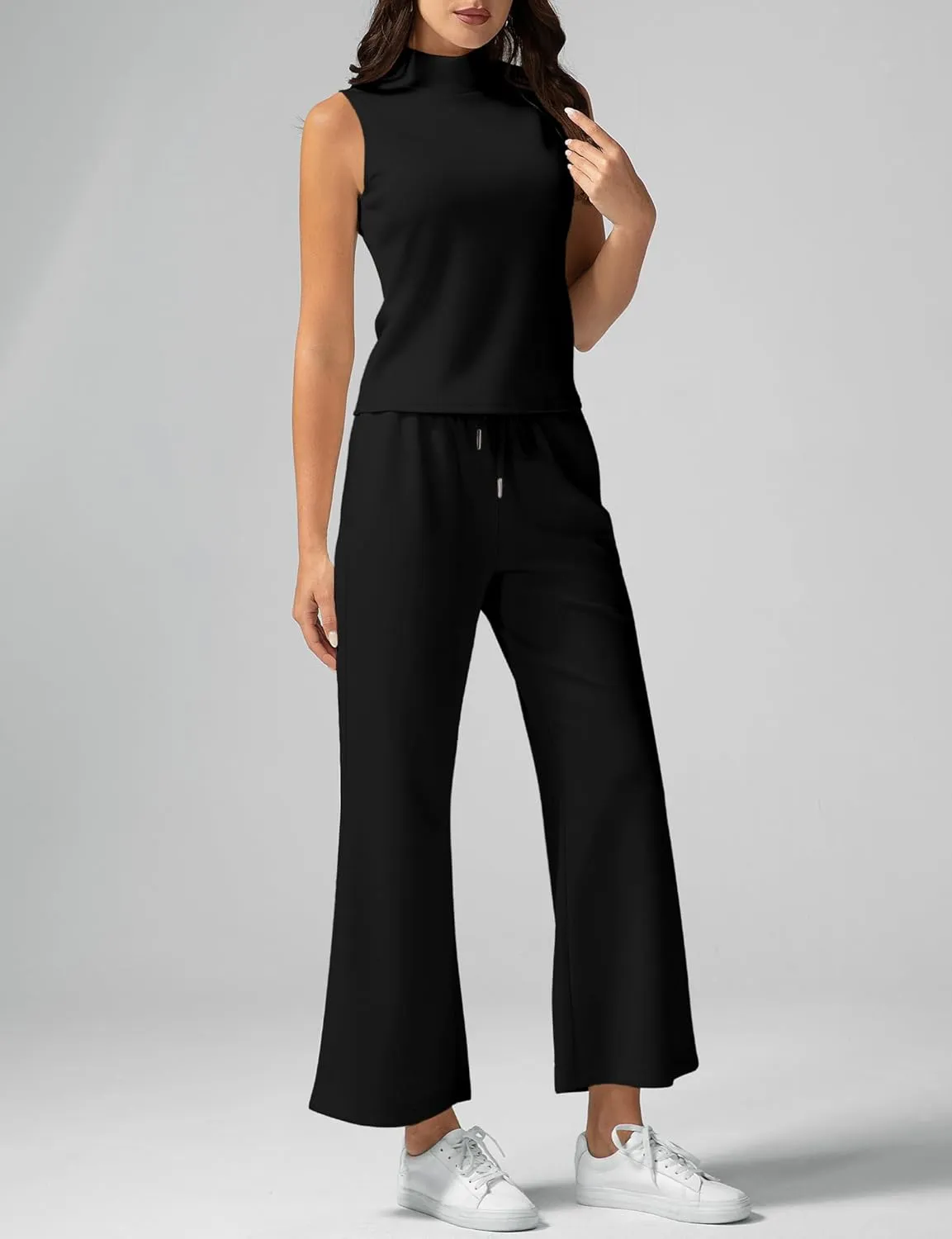 Women's Summer 2 Piece Outfits Mock Neck Tank Top Cropped Wide Leg Pants Lounge Sets 2025 Fashion Tracksuit