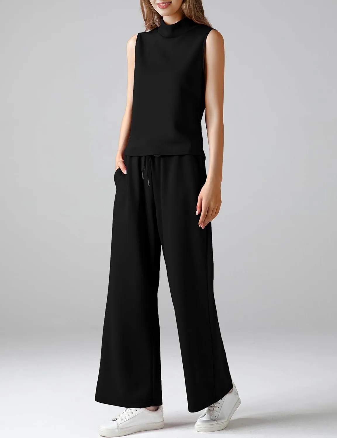 Women's Summer 2 Piece Outfits Mock Neck Tank Top Cropped Wide Leg Pants Lounge Sets 2025 Fashion Tracksuit