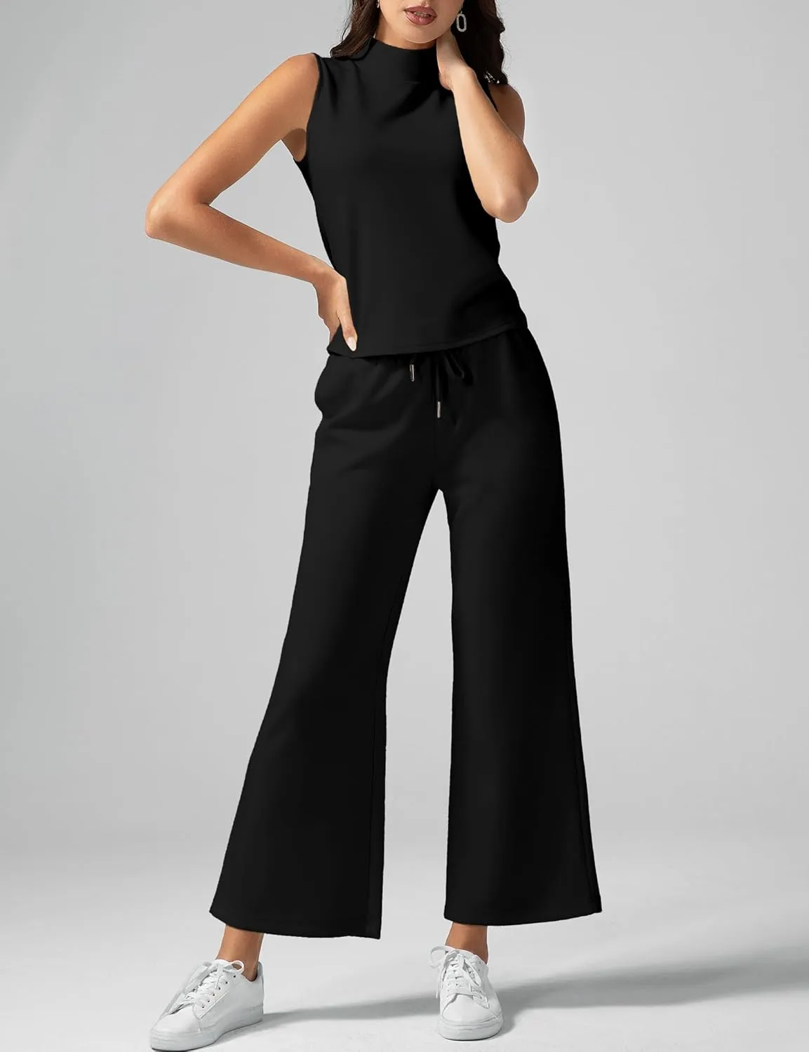 Women's Summer 2 Piece Outfits Mock Neck Tank Top Cropped Wide Leg Pants Lounge Sets 2025 Fashion Tracksuit