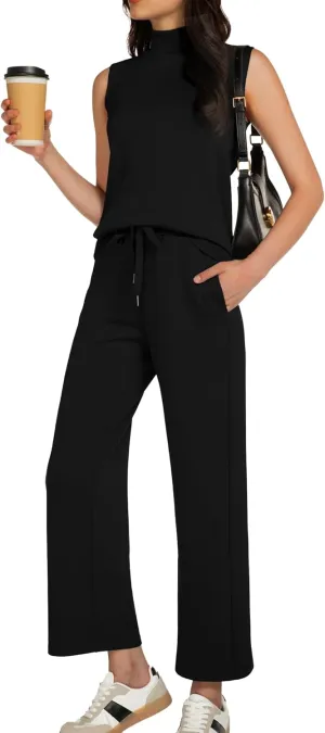 Women's Summer 2 Piece Outfits Mock Neck Tank Top Cropped Wide Leg Pants Lounge Sets 2025 Fashion Tracksuit