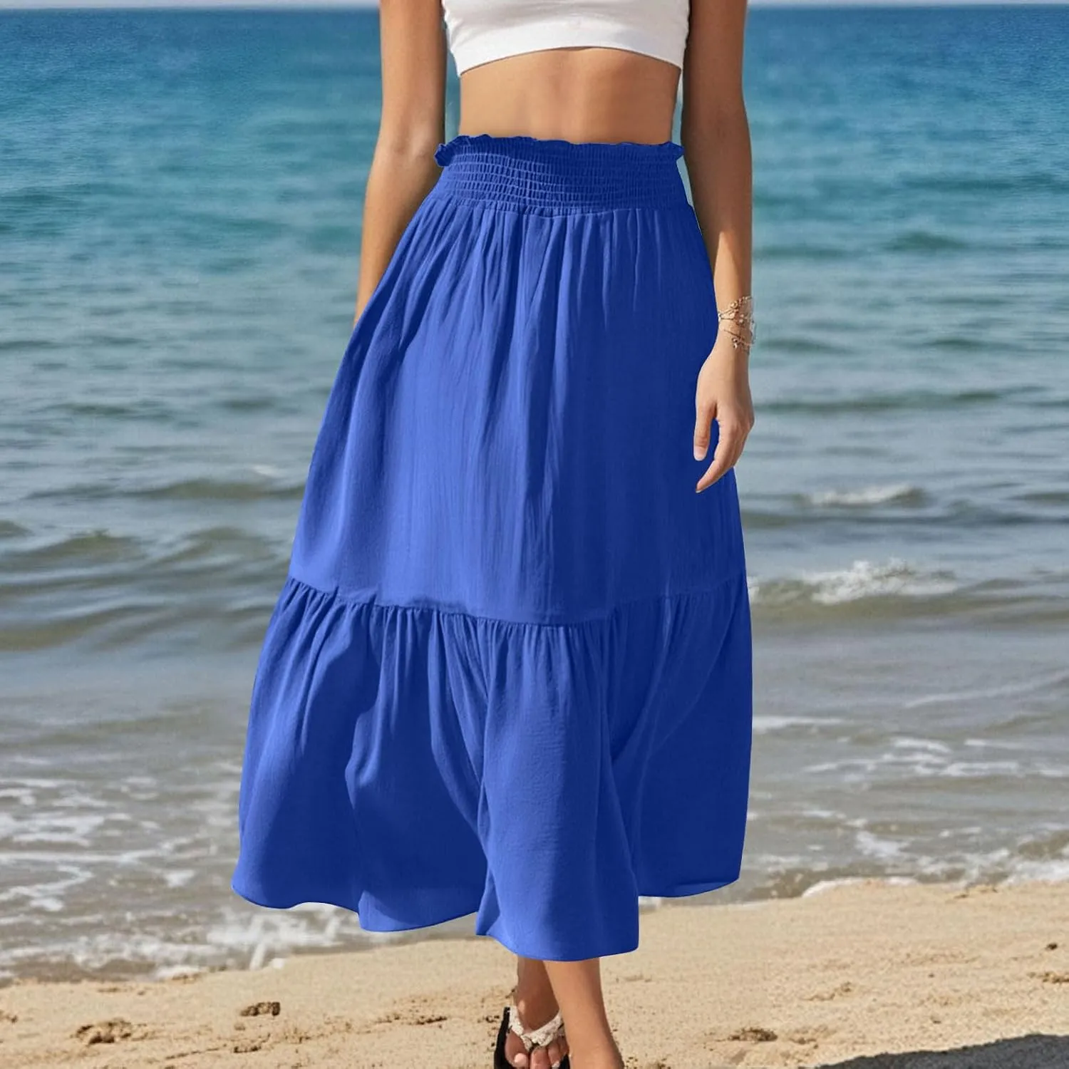 Womens Summer Boho Flowy Swing Tiered A-Line Maxi Skirt 2025 Fashion Trendy Elastic Waist Pleated Long Beach Dress