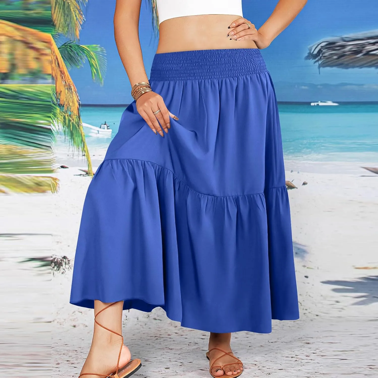 Womens Summer Boho Flowy Swing Tiered A-Line Maxi Skirt 2025 Fashion Trendy Elastic Waist Pleated Long Beach Dress