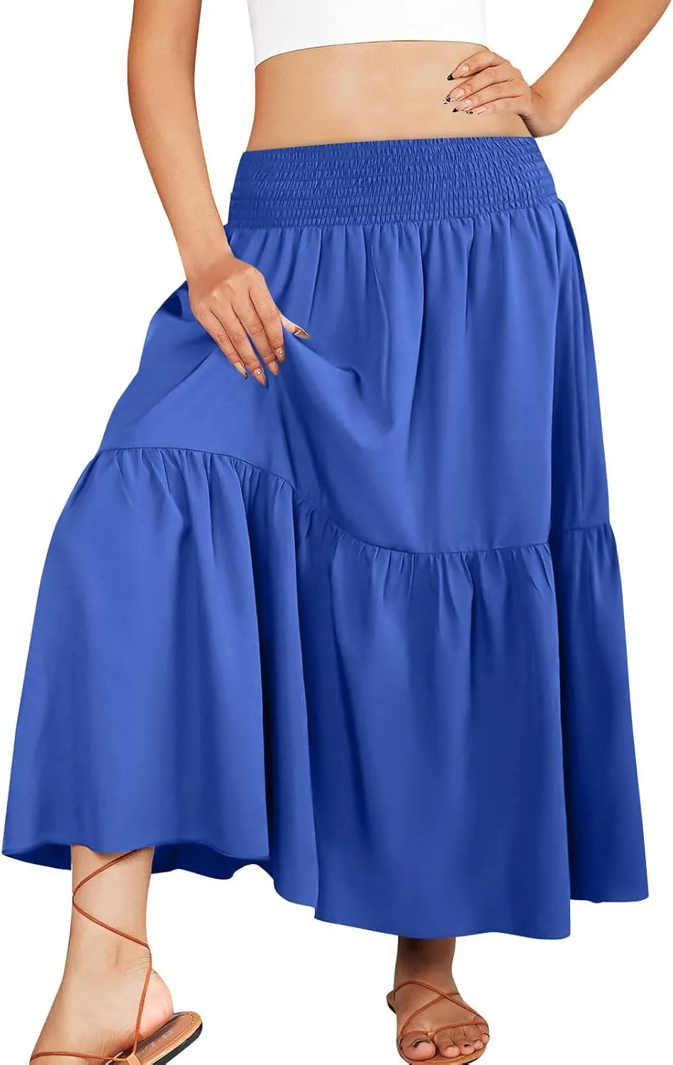 Womens Summer Boho Flowy Swing Tiered A-Line Maxi Skirt 2025 Fashion Trendy Elastic Waist Pleated Long Beach Dress