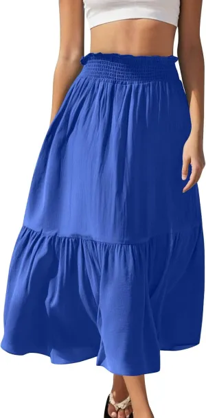 Womens Summer Boho Flowy Swing Tiered A-Line Maxi Skirt 2025 Fashion Trendy Elastic Waist Pleated Long Beach Dress