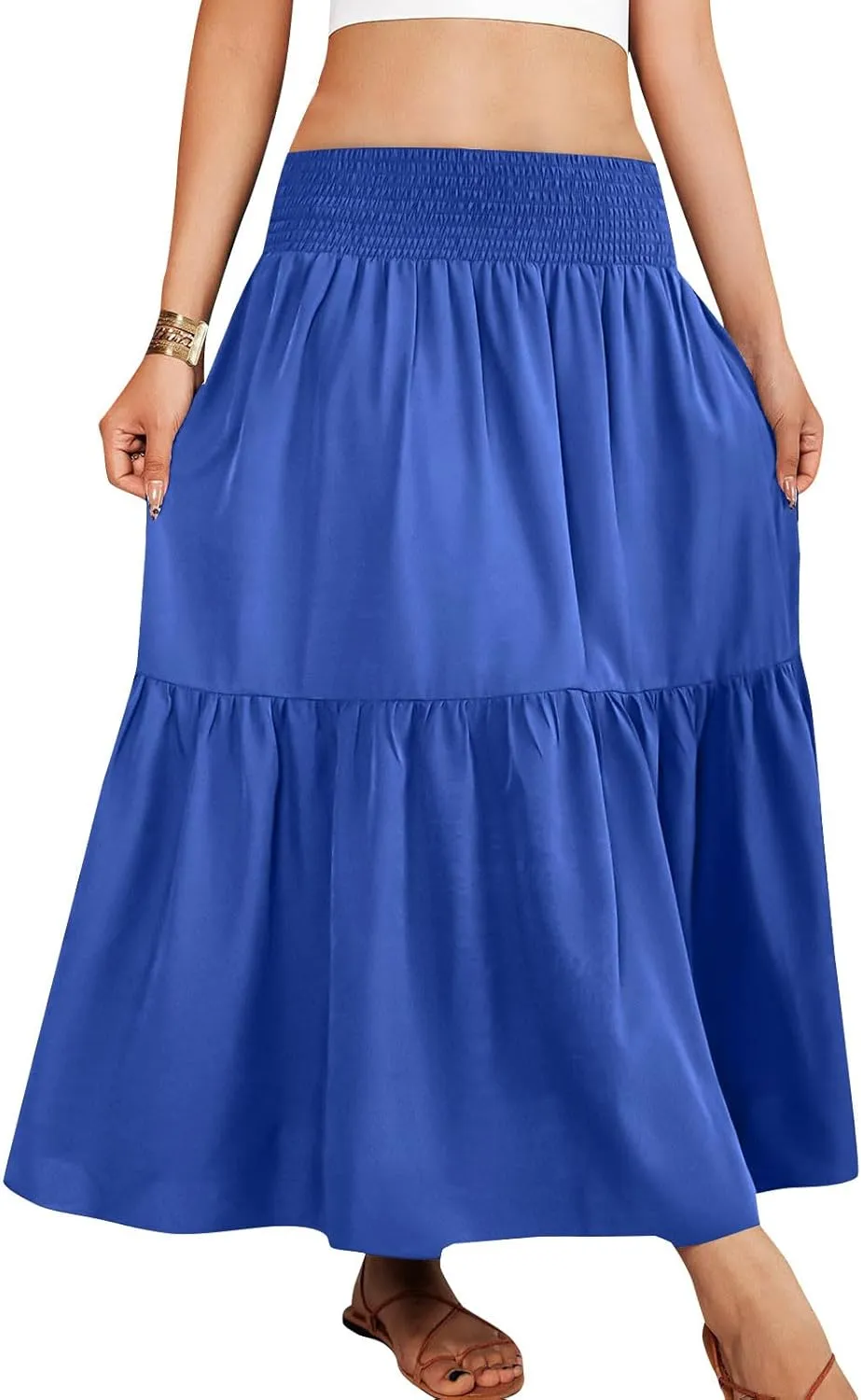 Womens Summer Boho Flowy Swing Tiered A-Line Maxi Skirt 2025 Fashion Trendy Elastic Waist Pleated Long Beach Dress