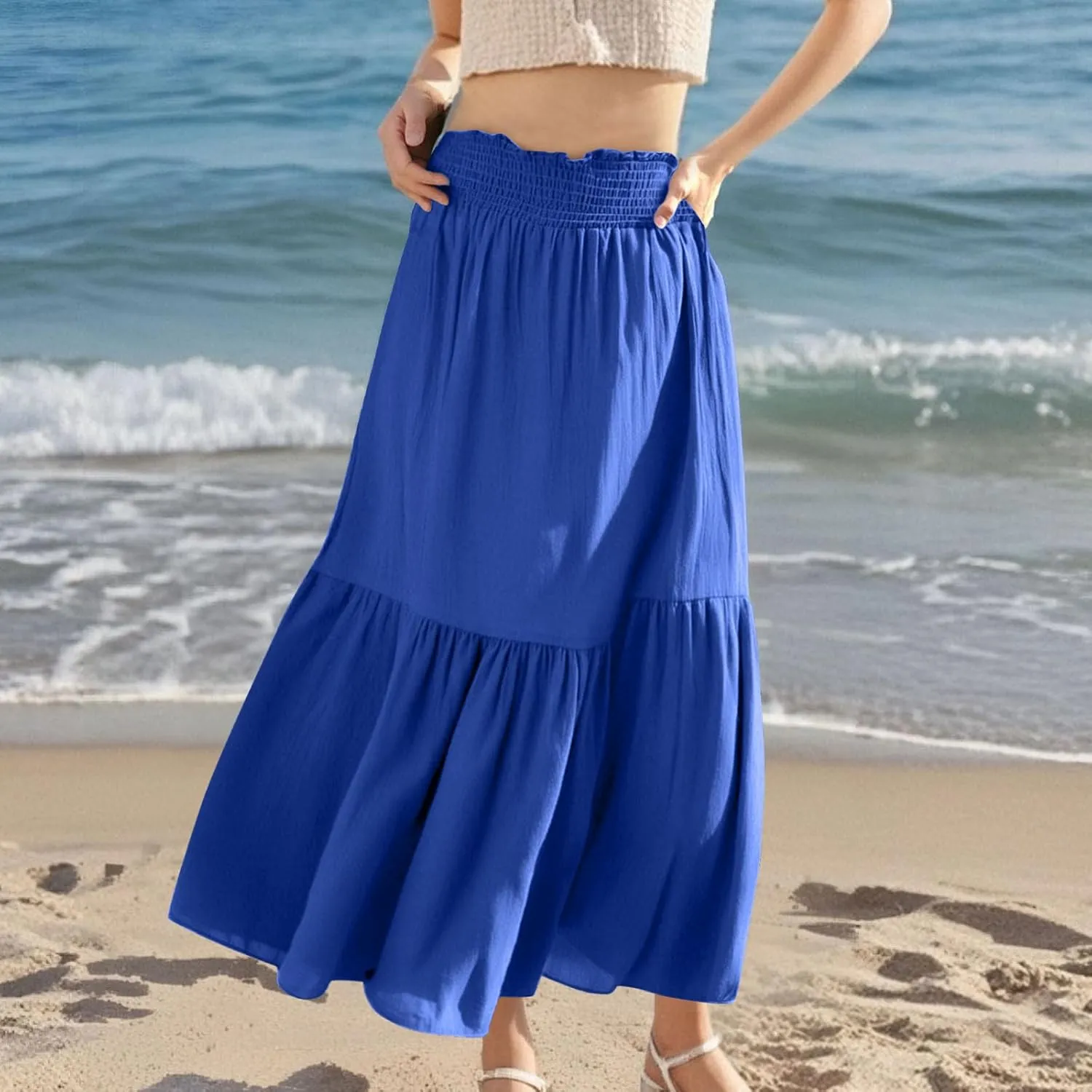 Womens Summer Boho Flowy Swing Tiered A-Line Maxi Skirt 2025 Fashion Trendy Elastic Waist Pleated Long Beach Dress