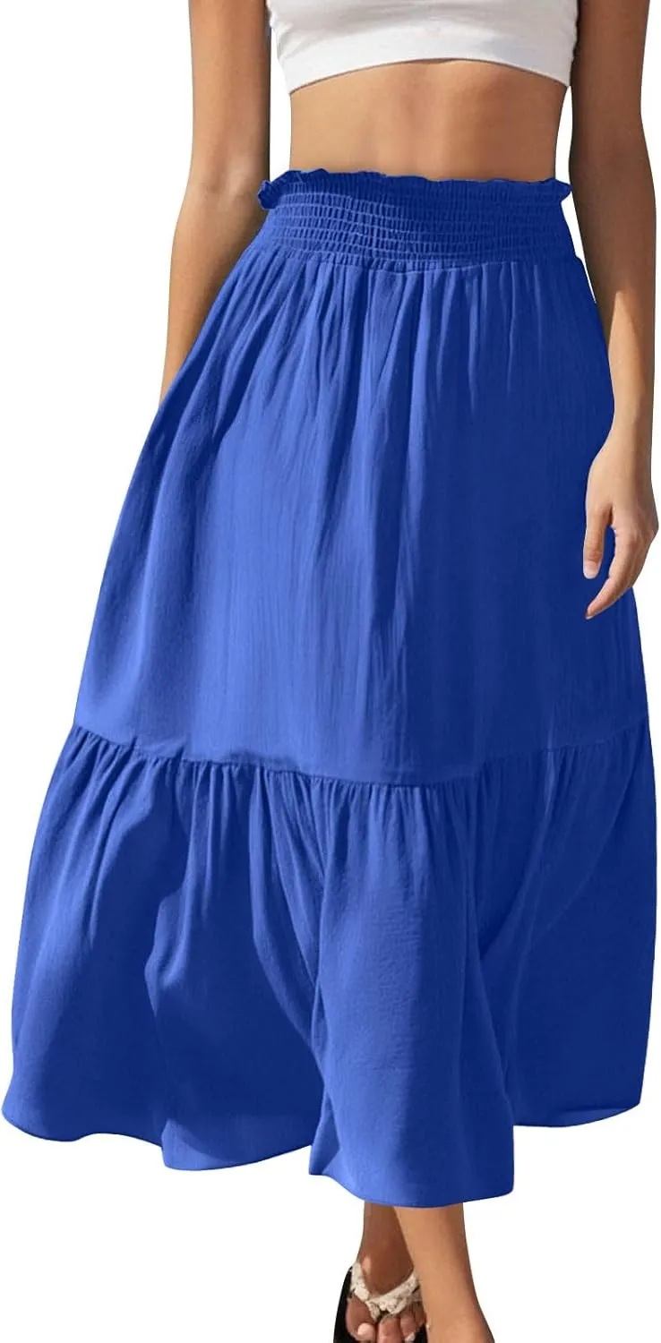 Womens Summer Boho Flowy Swing Tiered A-Line Maxi Skirt 2025 Fashion Trendy Elastic Waist Pleated Long Beach Dress