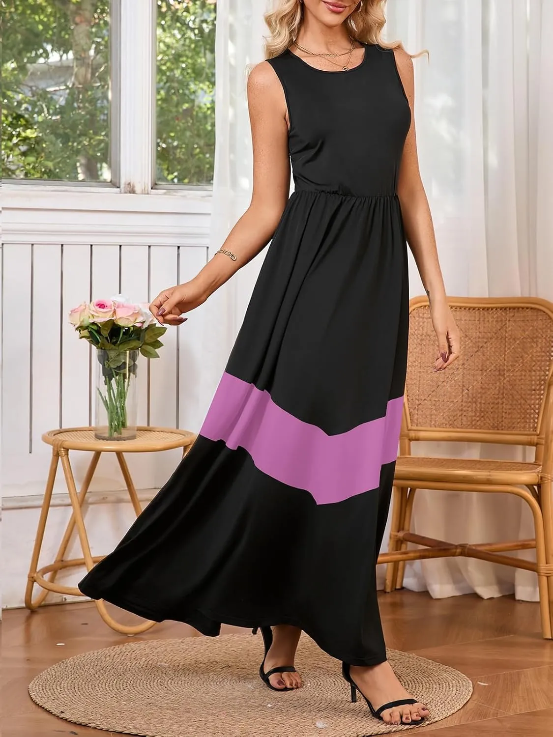 Women's Summer Colorblock Loose Tank Round Neck Dress Sleeveless Casual Holiday Flared Swing Beach Long Maxi Sundress