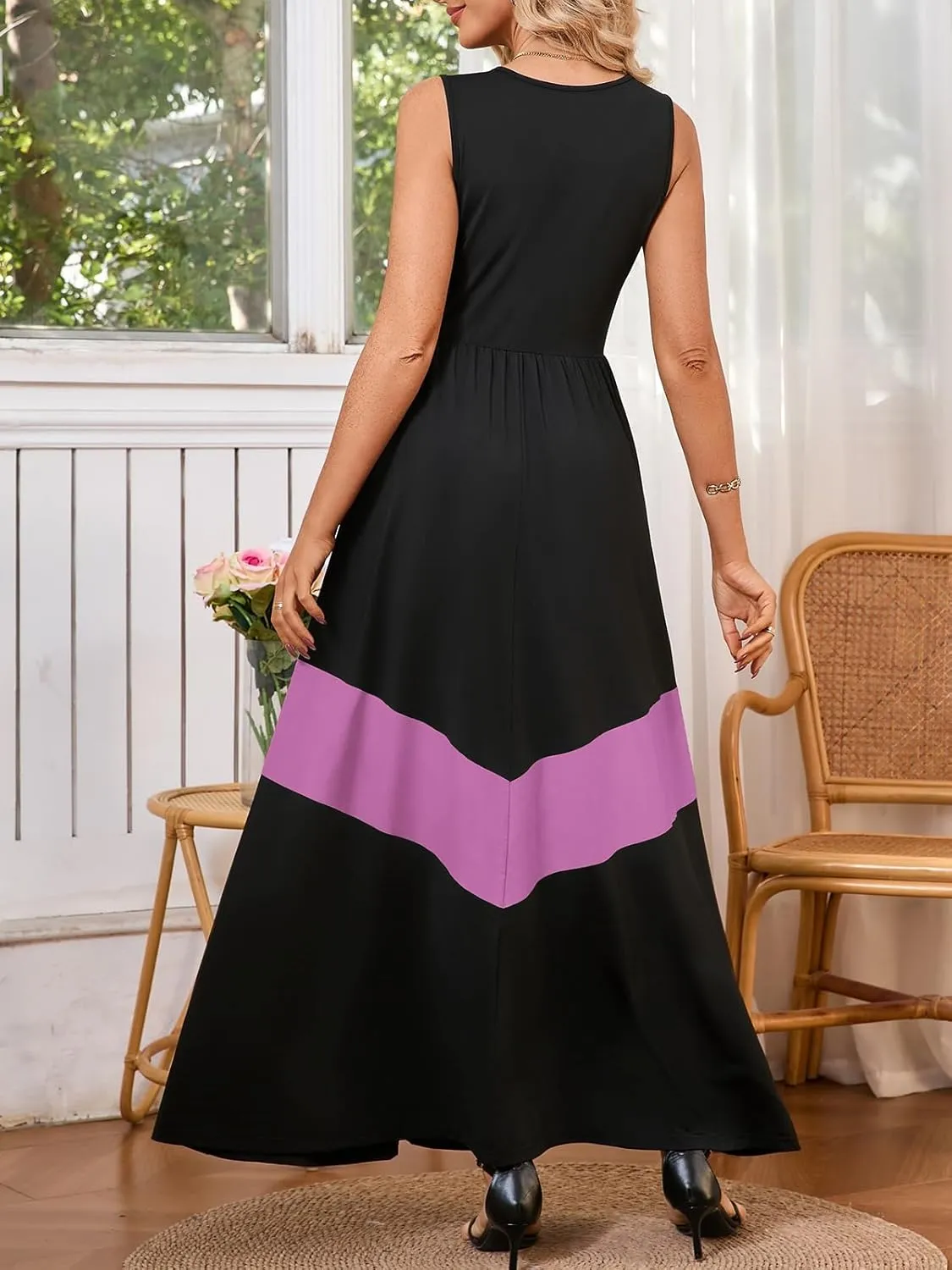 Women's Summer Colorblock Loose Tank Round Neck Dress Sleeveless Casual Holiday Flared Swing Beach Long Maxi Sundress