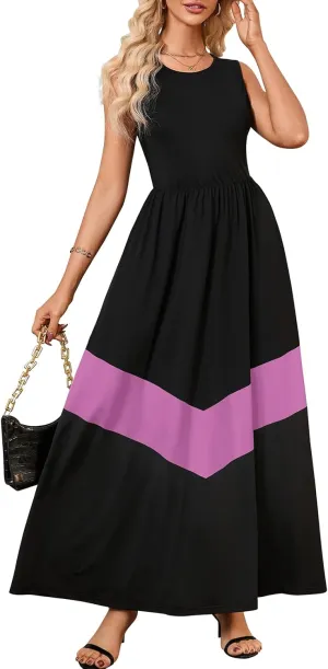 Women's Summer Colorblock Loose Tank Round Neck Dress Sleeveless Casual Holiday Flared Swing Beach Long Maxi Sundress