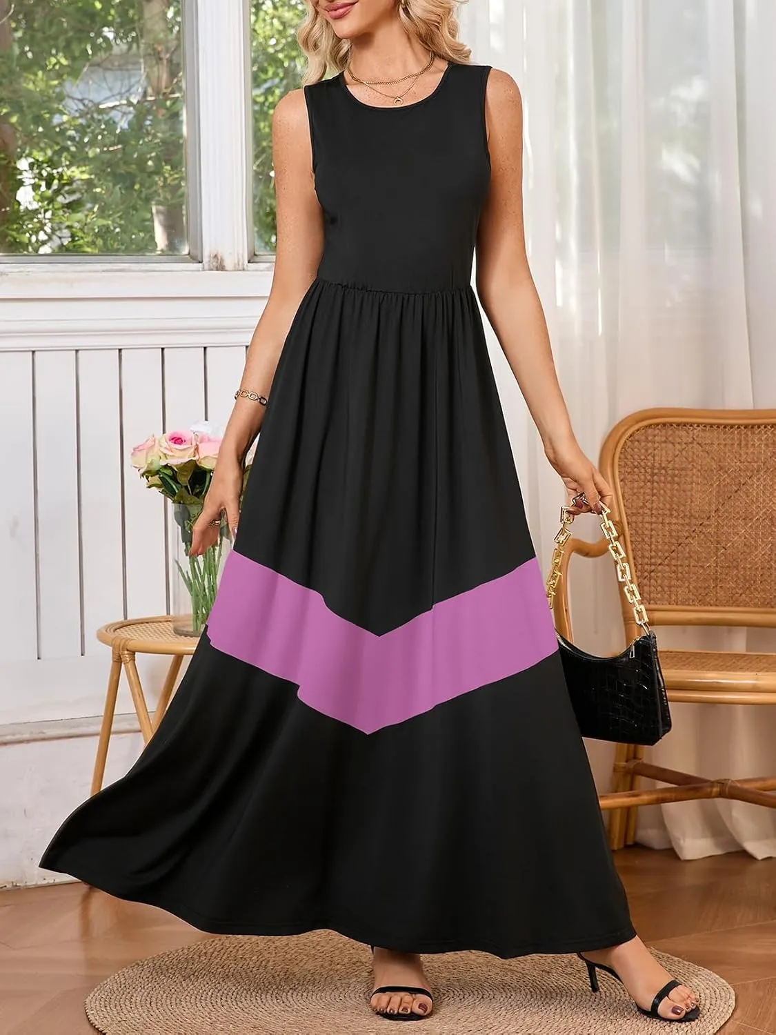 Women's Summer Colorblock Loose Tank Round Neck Dress Sleeveless Casual Holiday Flared Swing Beach Long Maxi Sundress