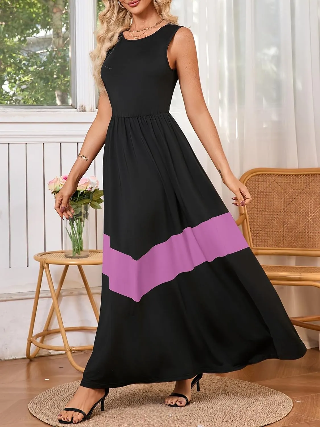 Women's Summer Colorblock Loose Tank Round Neck Dress Sleeveless Casual Holiday Flared Swing Beach Long Maxi Sundress