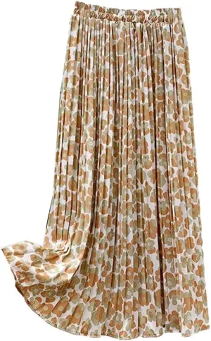 Womens Summer Skirts Womens Vintage Print Chiffon Pleated Skirt Women Casual Elastic High Waist Midi Skirt