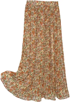 Womens Summer Skirts Womens Vintage Print Chiffon Pleated Skirt Women Casual Elastic High Waist Midi Skirt