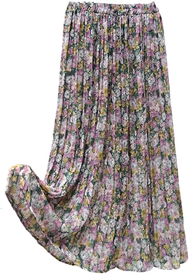 Womens Summer Skirts Womens Vintage Print Chiffon Pleated Skirt Women Casual Elastic High Waist Midi Skirt
