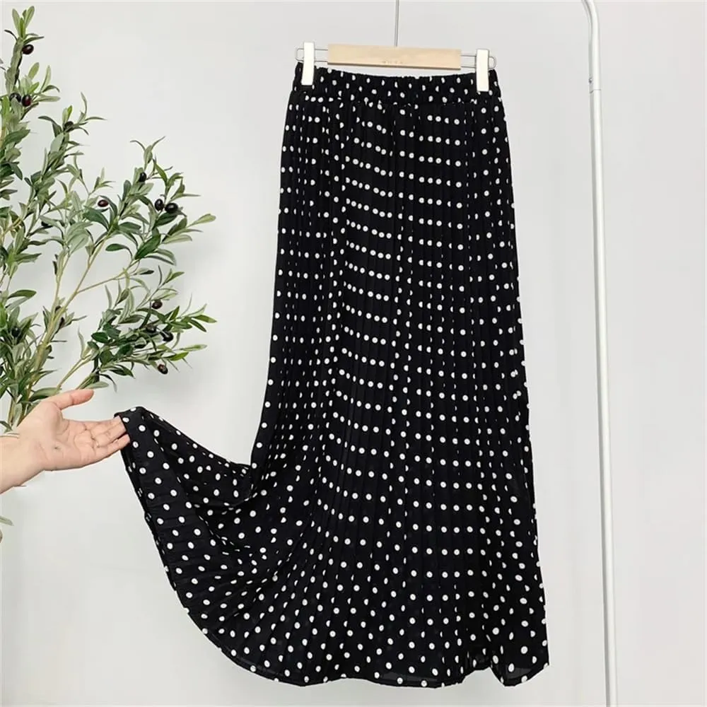 Womens Summer Skirts Womens Vintage Print Chiffon Pleated Skirt Women Casual Elastic High Waist Midi Skirt