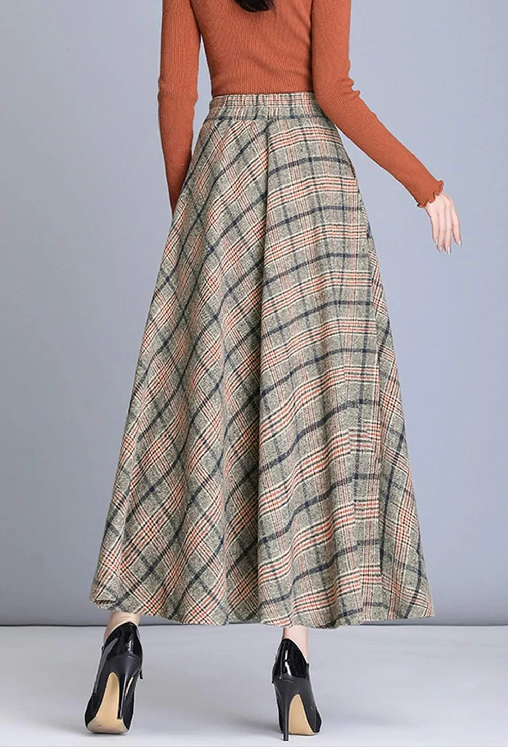 Women's Thick Vintage Plaid Pleated Skirt Autumn Winter Long Skirts